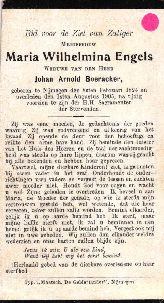 Engels Maria Wilhelmina 1824 Nijmegen 1905, Ophalen of Verzenden