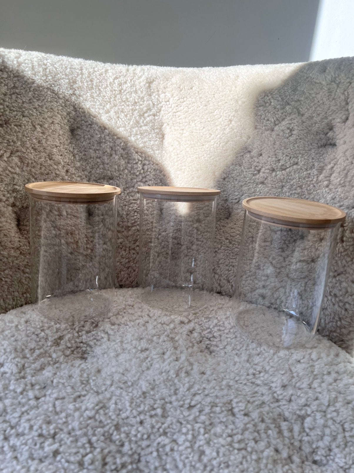 3 grote voorraadpotten glas met houten deksel., Glas, Verzenden, Nieuw, Voorraadpot