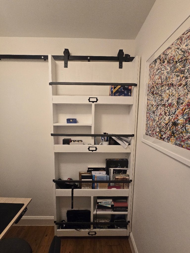 Witte schuifdeur boekenkast met zwart metalen rails, Doe-het-zelf en Verbouw, Deuren en Horren, Ophalen, 80 tot 100 cm, Binnendeur