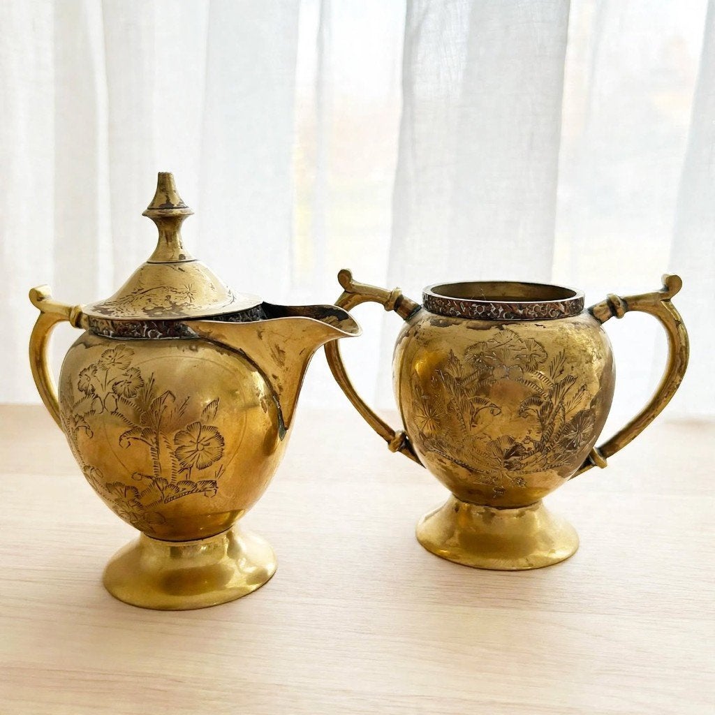 Antiek Messing Set  - Mini Theepot / Melkkan + Suikerpot, Ophalen of Verzenden