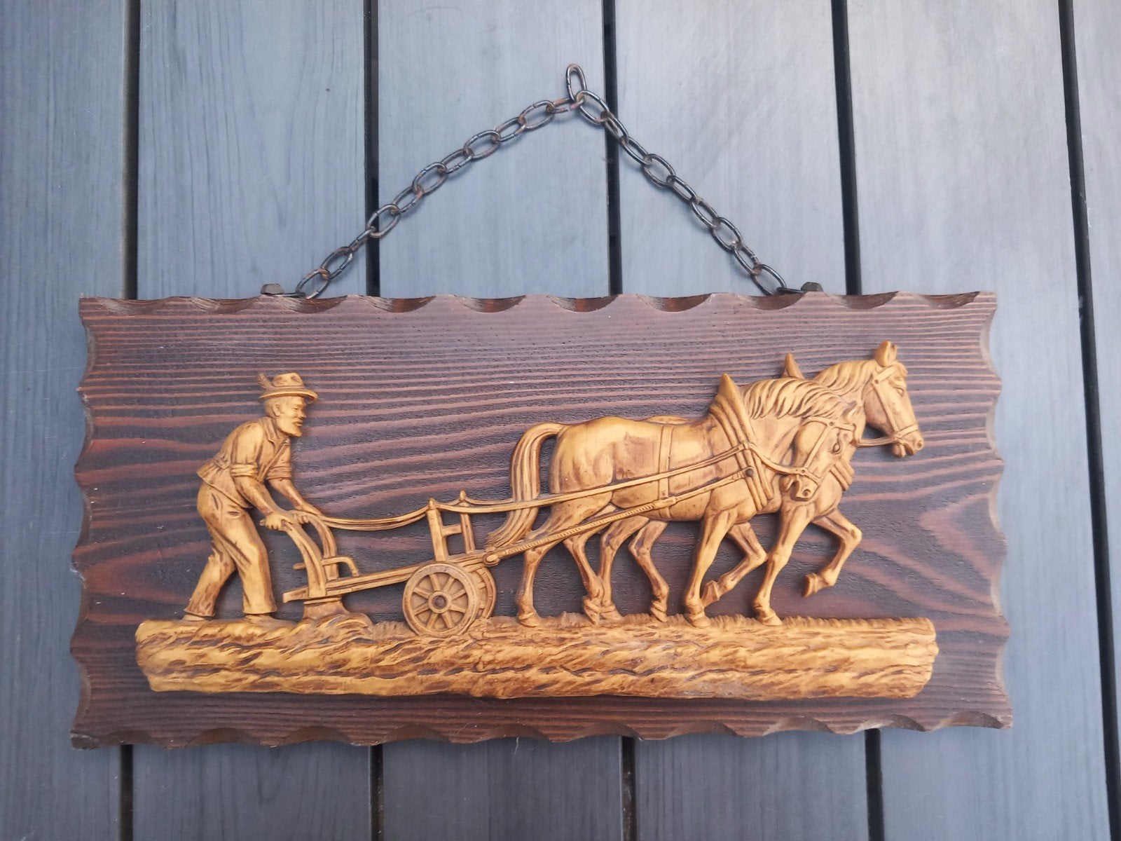 Houten wanddecoratie: Boer met paarden en ploeg, Ophalen of Verzenden