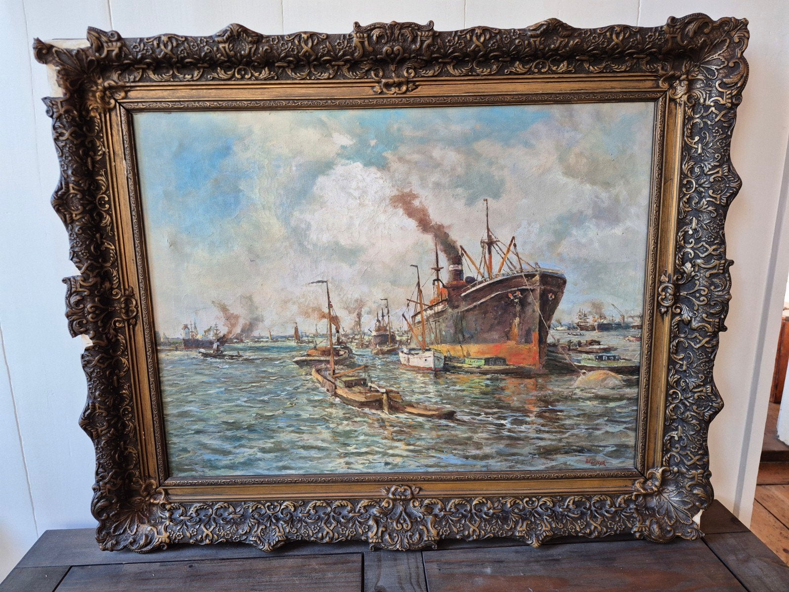 Olieverfschilderij haven van Rotterdam gesigneerd, Ophalen, Maritiem / water, Doek, Realistisch