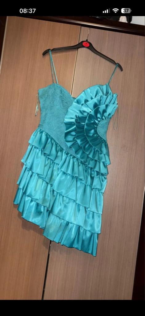Turquoise jurk met ruches - één keer gedragen, Overige kleuren, Ophalen of Verzenden, Zo goed als nieuw, Maat 36 (S)