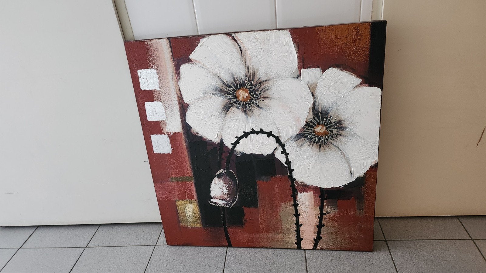 Red and White Flower Painting, 70x70cm, Antiek en Kunst, Ophalen