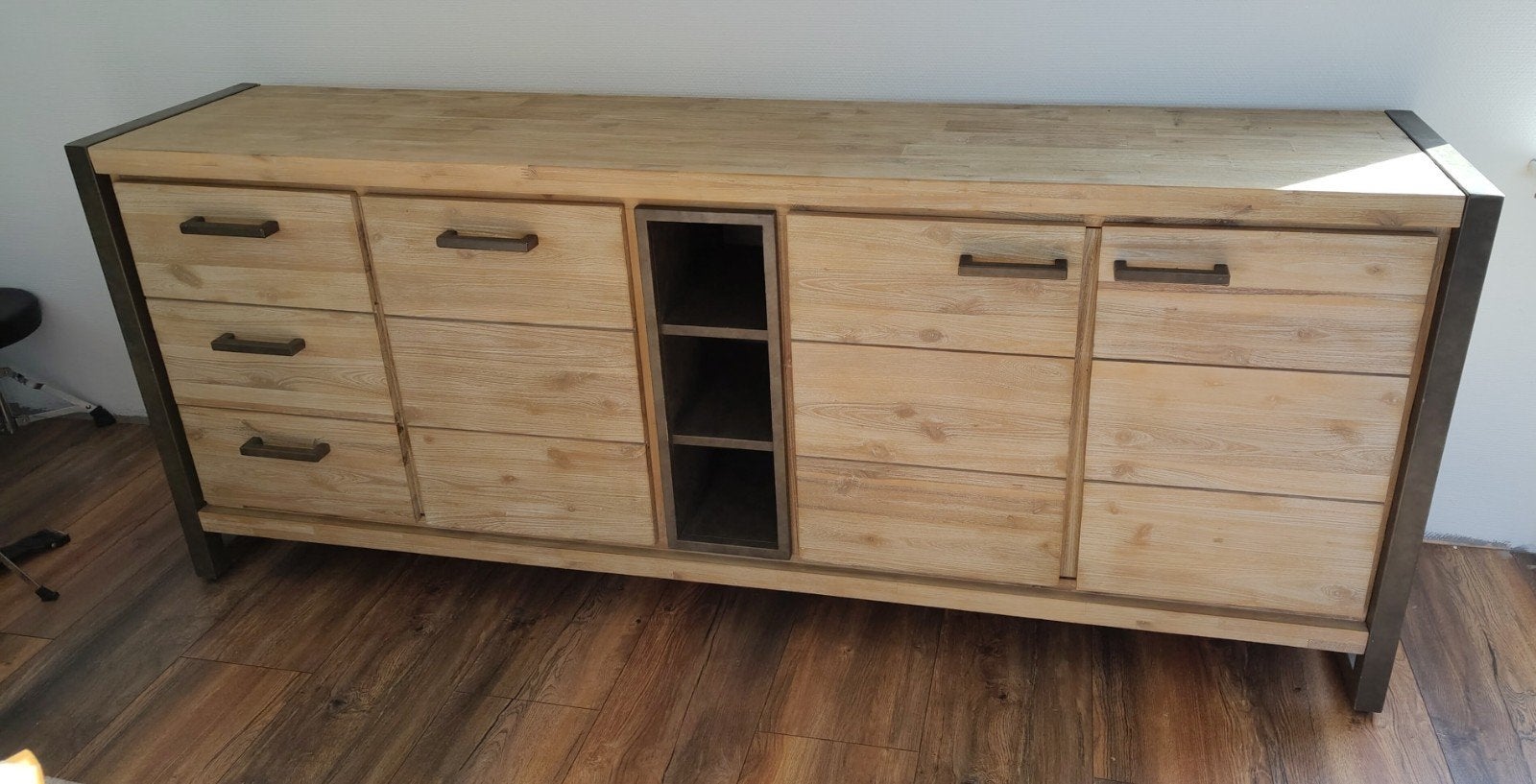 Modern Acacia houten dressoir met deuren - 200x80,5x42, Met lade(s), Zo goed als nieuw, 200 cm of meer, 25 tot 50 cm