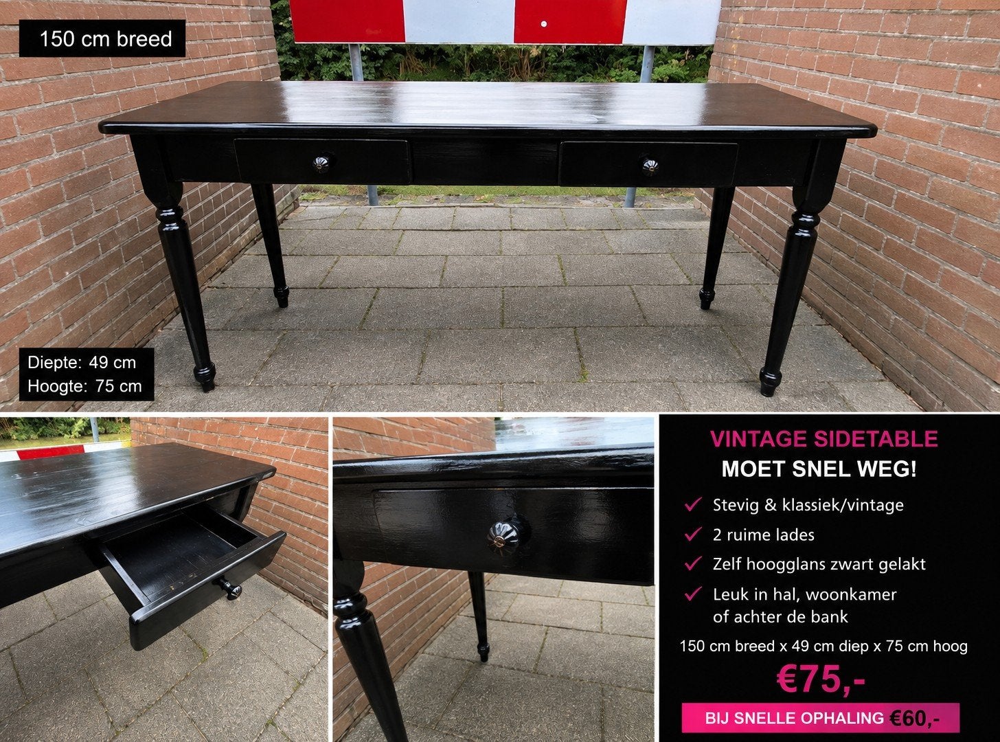 MOET SNEL WEG Vintage sidetable 150 cm zwart hoogglans, Gebruikt, Ophalen of Verzenden, 75 cm of meer, 60 cm of meer