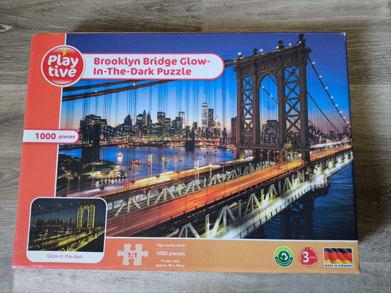 Legpuzzel 1000 stukjes Brooklyn Bridge glow in the dark, Hobby en Vrije tijd, Ophalen, 500 t/m 1500 stukjes, Zo goed als nieuw