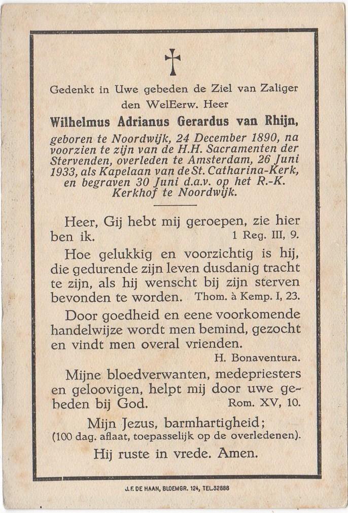 Kapelaan W. A.G. van Rhijn 1890 Noordwijk + 1933 Amsterdam, Verzenden