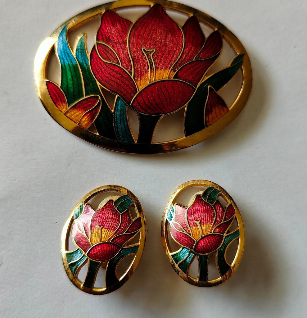 Vintage cloisonné emaille set broche/ oorbellen tulp, Ophalen of Verzenden, Zo goed als nieuw, Rood, Overige materialen