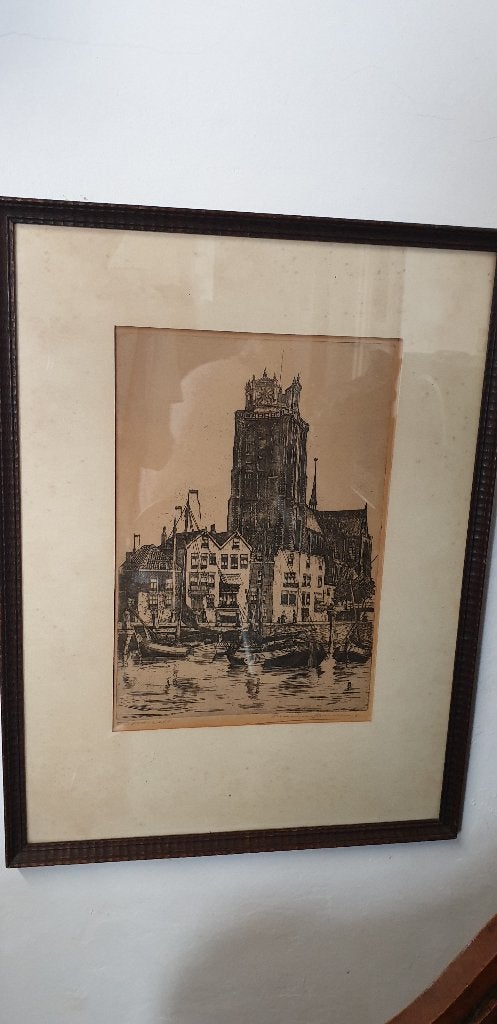 Ets? Tekening? Onze lieve Vrouwekerk Dordrecht, Ingelijst, Ets, Stadsgezicht, Ophalen of Verzenden