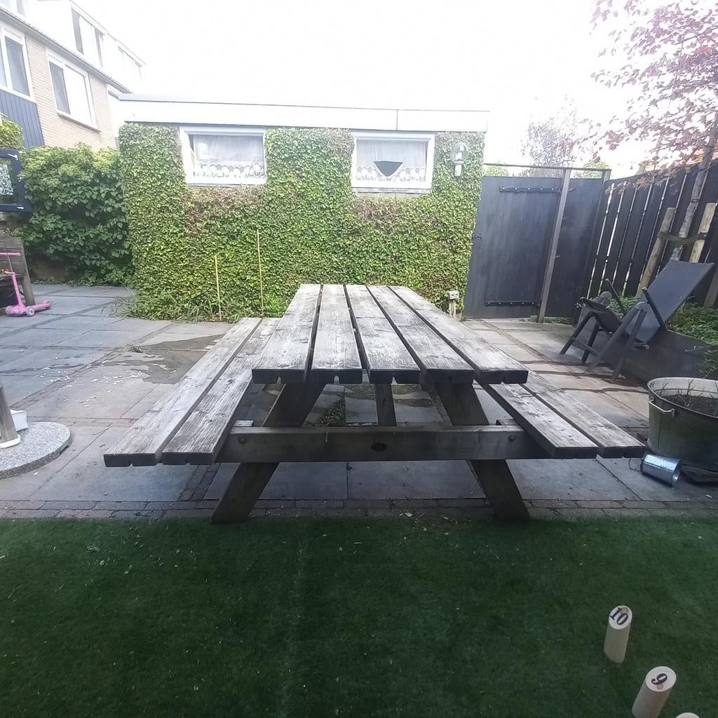 Robuuste houten picknicktafel voor buiten, Tuin en Terras, Picknicktafels, Ophalen, Gebruikt, Rechthoekig, Hout