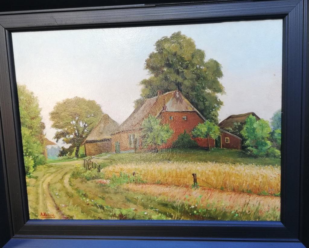 A. Kalberg, Boerenhoeve met graanveld. Olie/paneel. 40/32 c., Ophalen