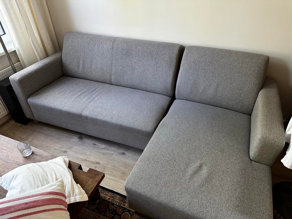 Grijze hoekbank met chaise longue, Ophalen, 250 tot 300 cm, Gebruikt, 125 tot 150 cm