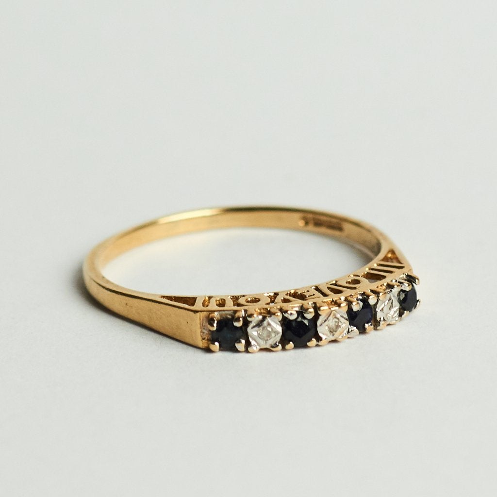 Vintage 9 karaat gouden rij ring saffier diamant goud, Sieraden, Tassen en Uiterlijk, 18 tot 19, Ophalen of Verzenden, Zo goed als nieuw