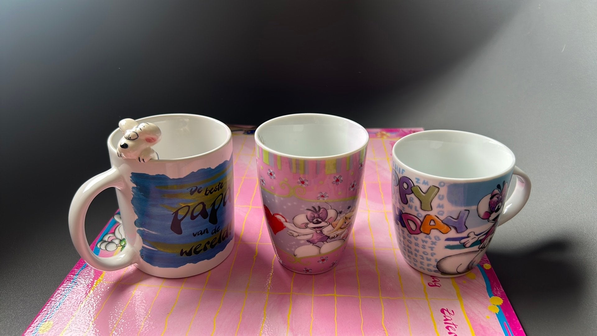 Set van 3 leuke bekers met diverse prints, Verzamelen, Diddl, Ophalen of Verzenden, Zo goed als nieuw, Servies
