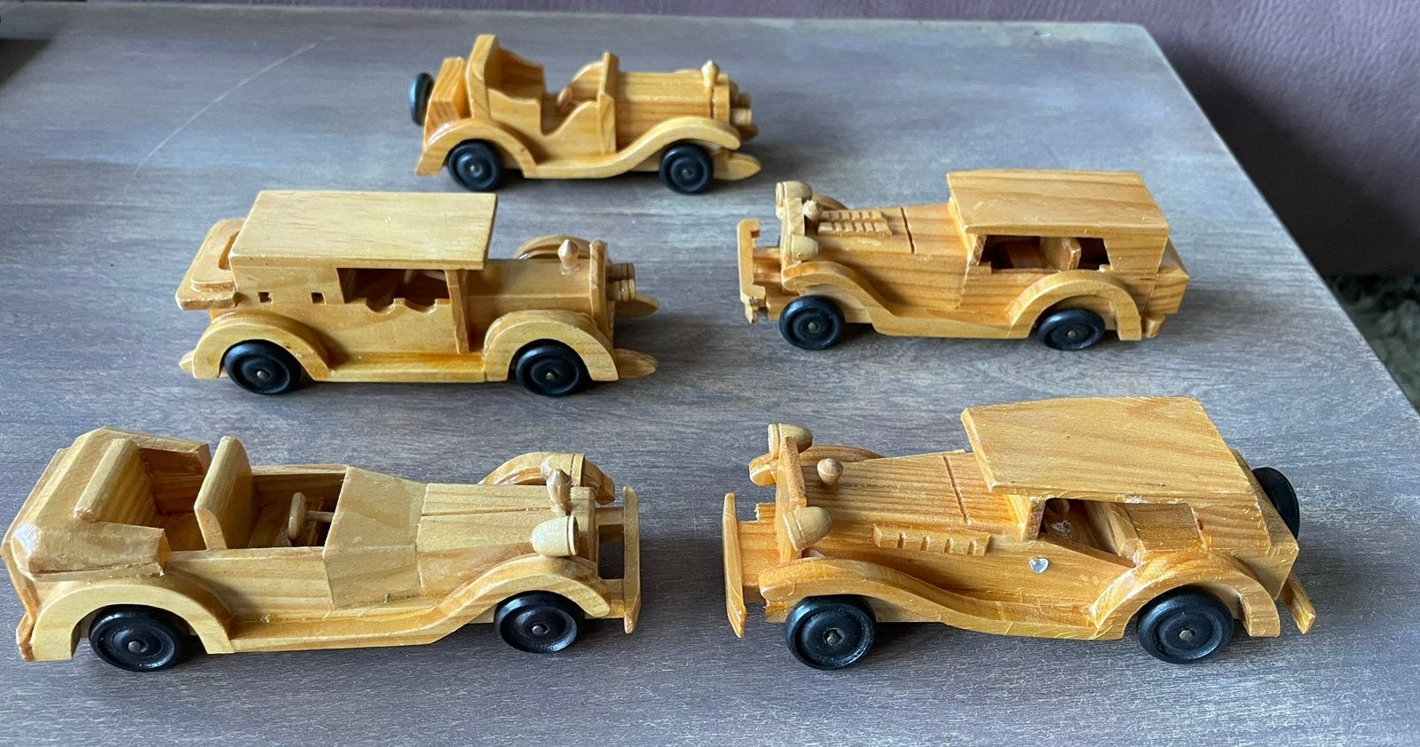 5 houten oldtimer auto’s, Antiek en Kunst, Antiek | Speelgoed, Ophalen of Verzenden