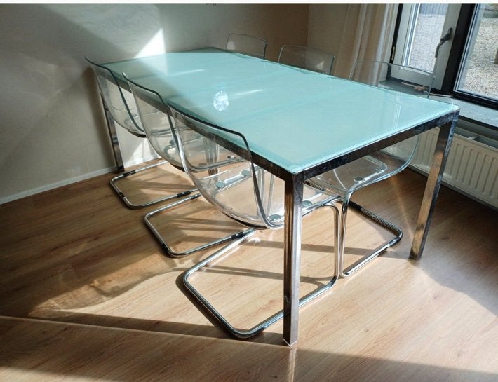 Transparante Ikea eetset - TORSBY eettafel 6x TOBIAS stoelen, Huis en Inrichting, Ophalen, Kunststof, Gebruikt, 100 tot 150 cm