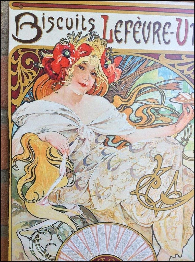 ALPHONSE MUCHA Lefevre Utile Metalen bord Poster, Verzamelen, Verzenden, Overige typen
