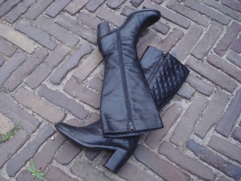 GRATIS VERZENDEN STOERE ZWARTE LEREN BLOKHAKLAARZEN MT 38, Hoge laarzen, Verzenden, Zwart, Vintage Style