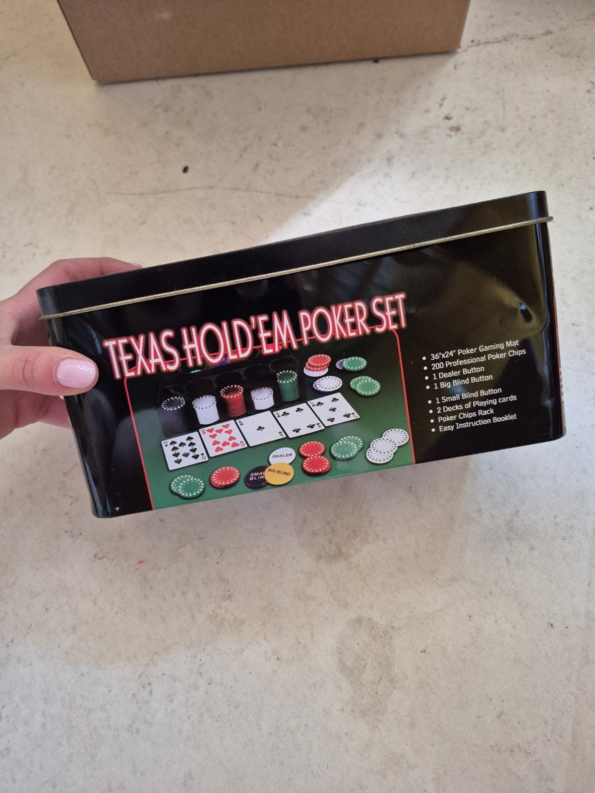 Texas Hold'em Poker Set in blikken doos, Vijf spelers of meer, Ophalen of Verzenden, Gebruikt, Onbekend