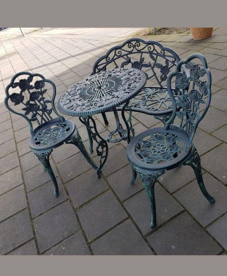 bistroset tuinset met rozenmotief gietaluminium Nieuw staat, Tuin en Terras, 4 zitplaatsen, Bank, Ophalen of Verzenden, Tuinset