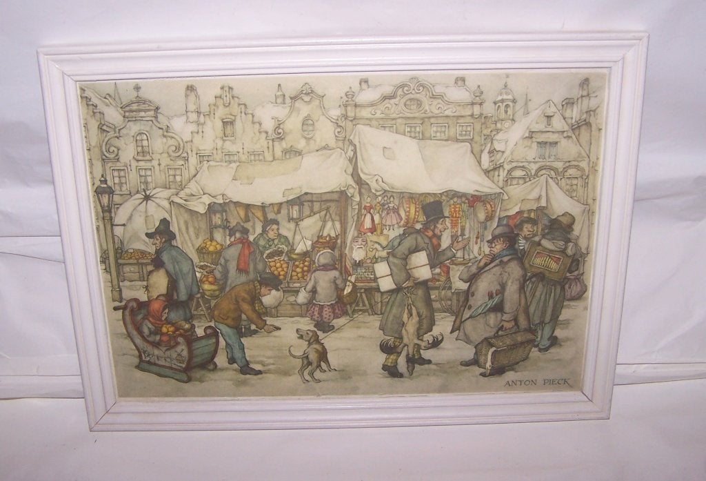 Prent Anton Pieck-De Markt. Achter glas met lijst. 36x26cm., Ophalen of Verzenden