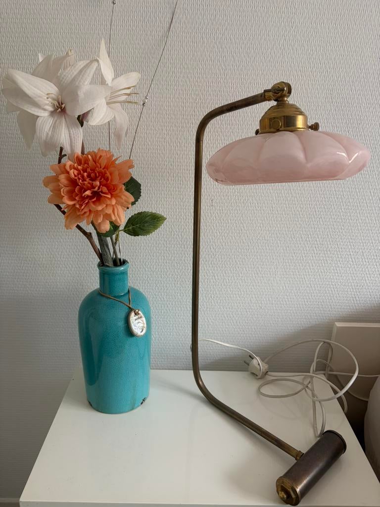 Messing tafellampje glas, Huis en Inrichting, Lampen | Tafellampen, Ophalen of Verzenden, Gebruikt, Glas, 50 tot 75 cm