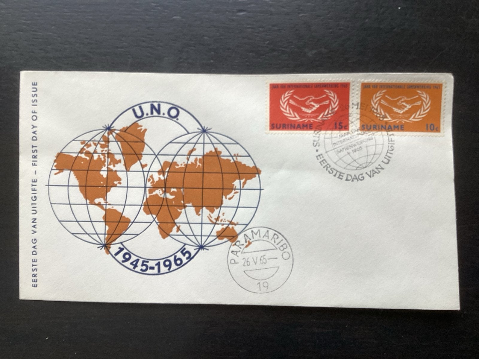 Suriname FDC UNO 1945-1965, Paramaribo 26 V 65, Postzegels en Munten, Postzegels | Eerstedagenveloppen, Ophalen of Verzenden, Beschreven