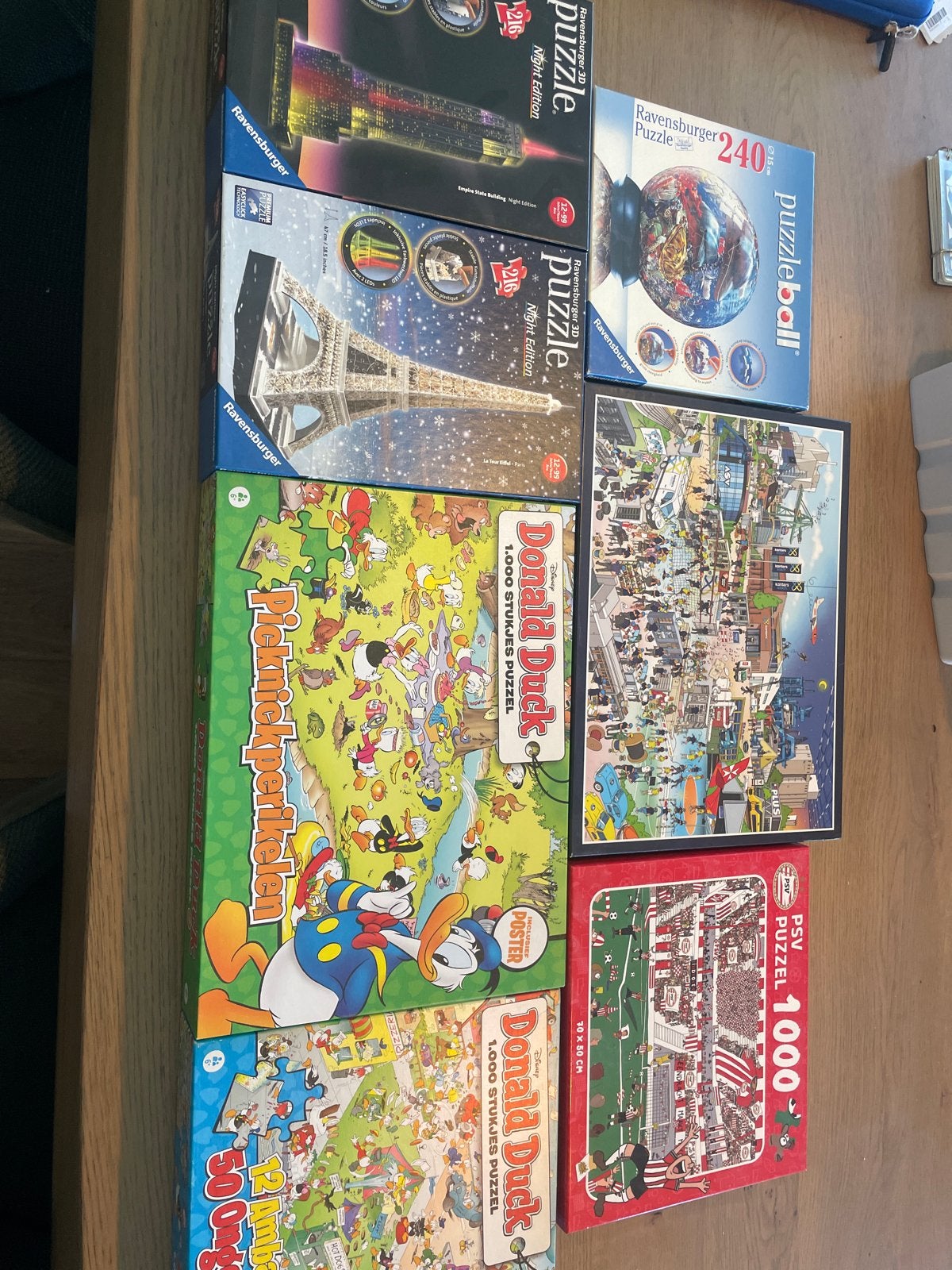 Diverse puzzels: Ravensburger 3D, Disney Donald Duck, PSV, Ophalen of Verzenden, 500 t/m 1500 stukjes, Zo goed als nieuw, Legpuzzel