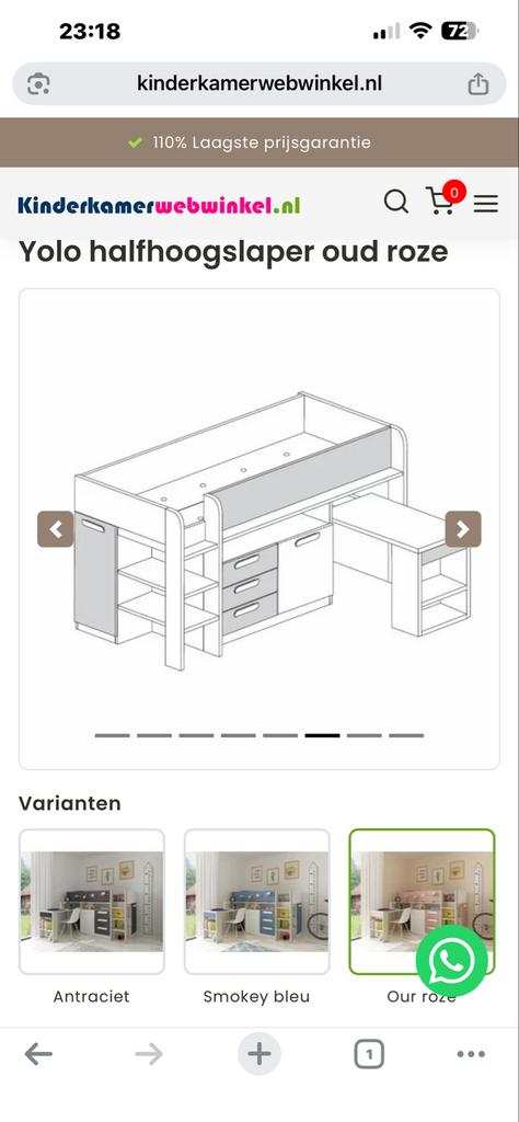 Halfhoogslaper Yolo oud roze, 85 tot 100 cm, Ophalen of Verzenden, Zo goed als nieuw, Hoogslaper of Stapelbed