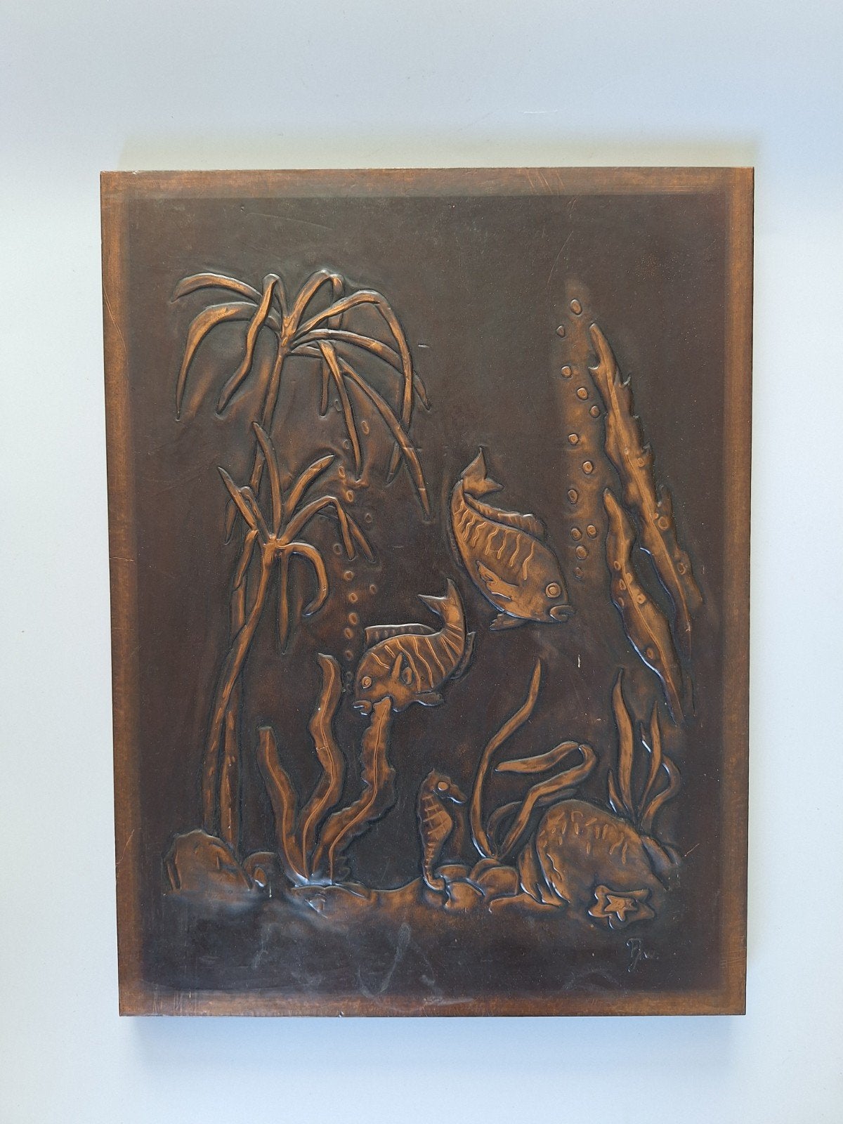 Prachtig koperen wandplaat met afbeelding aquarium., Ophalen of Verzenden, Koper