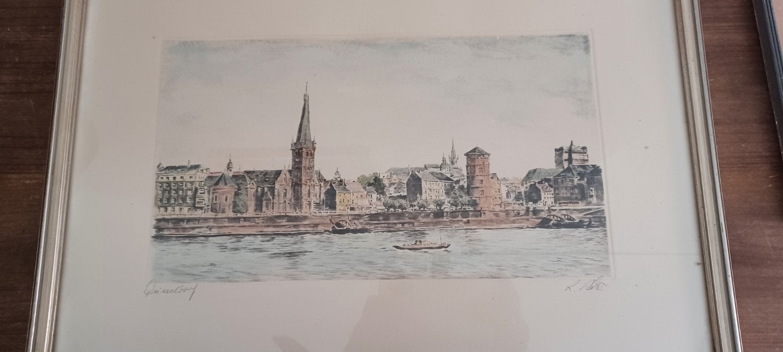 Gesigneerde ets van stadsgezicht Düsseldorf.  aan het water, Antiek en Kunst, Ophalen