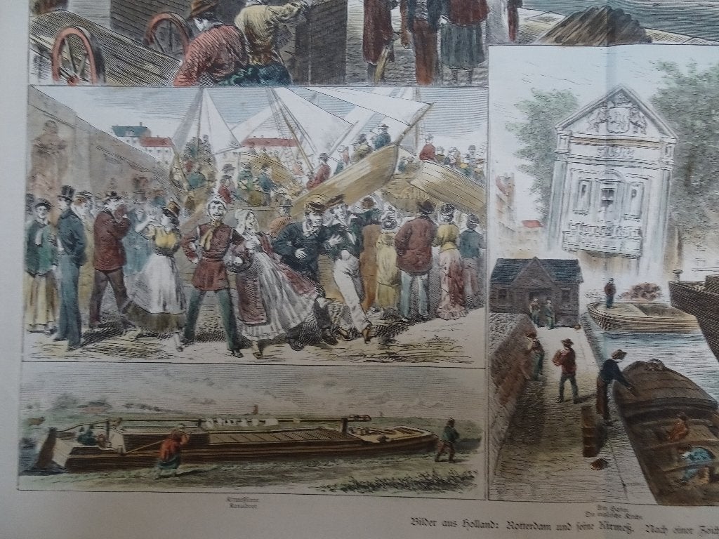 gravure kleur kermis Rotterdam trekschuit Engelse kerk 1882, Antiek en Kunst, Dagelijks leven, 1800 - 1899, Ophalen of Verzenden