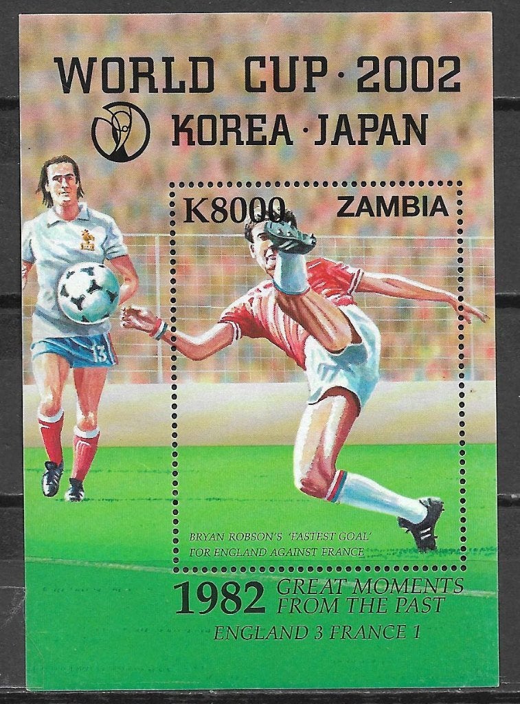 Zambia 2002 FIFA WK Voetbal Bryan Robson 2x vel postfris, Postzegels en Munten, Ophalen of Verzenden, Zambia, Postfris