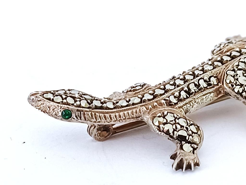 vintage zilveren salamander, hagedis broche, mid- century, Ophalen of Verzenden, Zilver, Broche, Met edelsteen