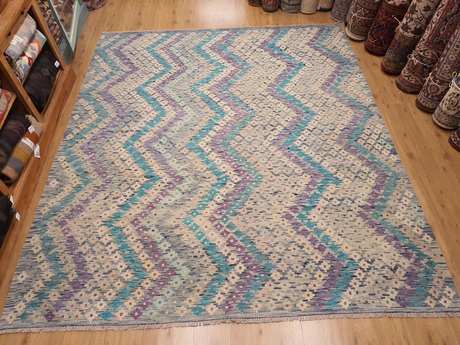 Prachtige handgeweven oosterse kelim 300x257, Groen, Vof Slats Antiek, Rechthoekig, Ophalen