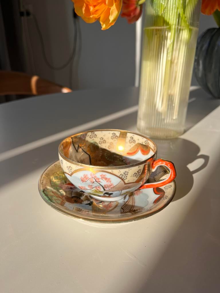 Antiek japans kutani theeservies, eierschaal porselein 6x, Ophalen of Verzenden