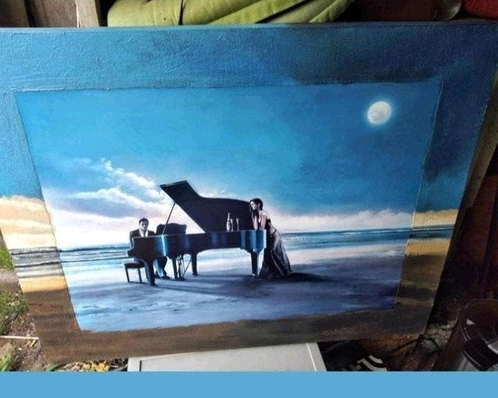 Schilderij: Pianisten aan Zee onder Maanlicht, Antiek en Kunst, Handgeschilderd, Ophalen of Verzenden, Olieverf, Muziek