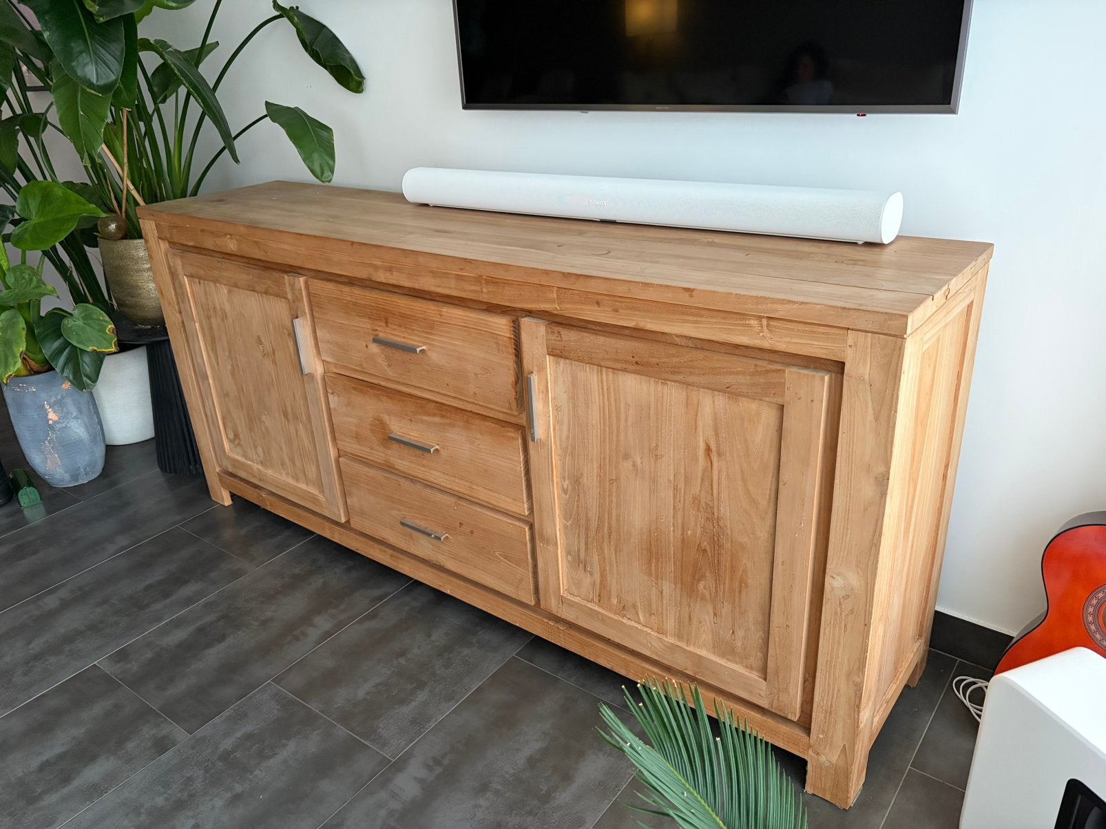 Massief teakhouten dressoir – 200 cm breed, Ophalen, 150 tot 200 cm, Teakhout, Zo goed als nieuw