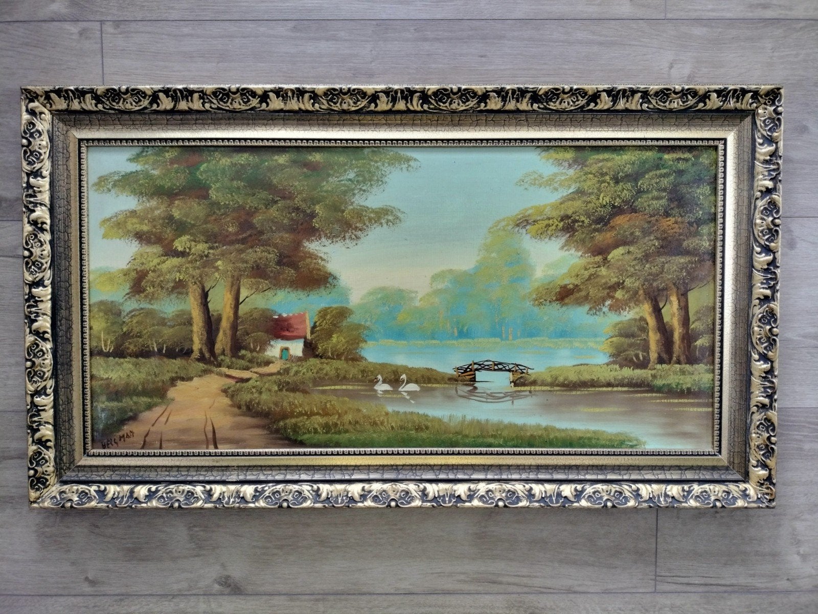Schilderij van landschap met 2 zwanen, Ophalen, Doek, Gesigneerd, Landschap