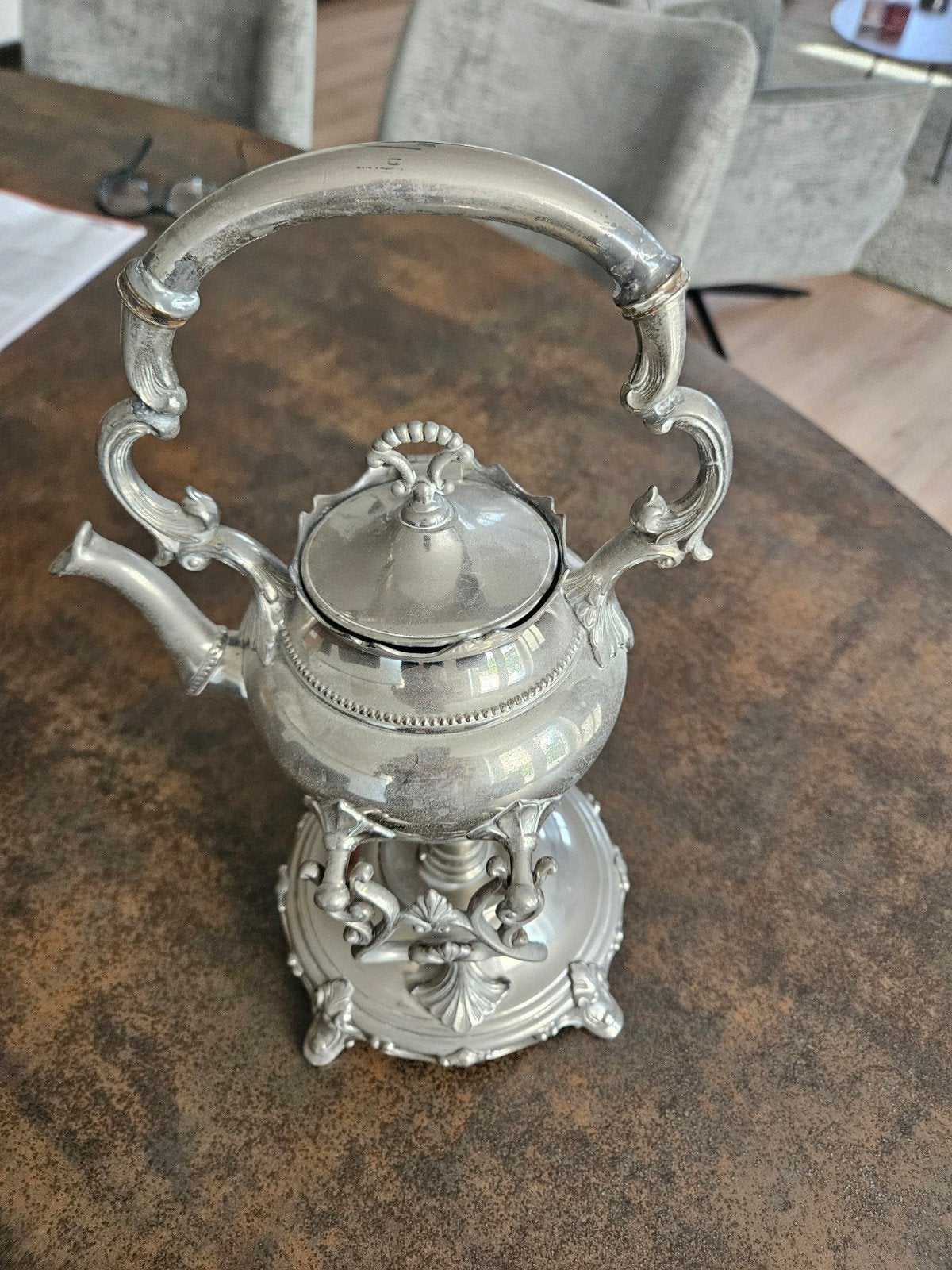 Antieke verzilverde theeketel met rechaud, Verzenden, Zilver