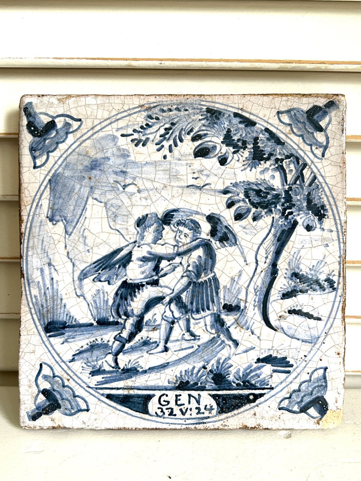 Antieke bijbelse tegel Delfts Blauw Genesis 18e eeuws, Ophalen