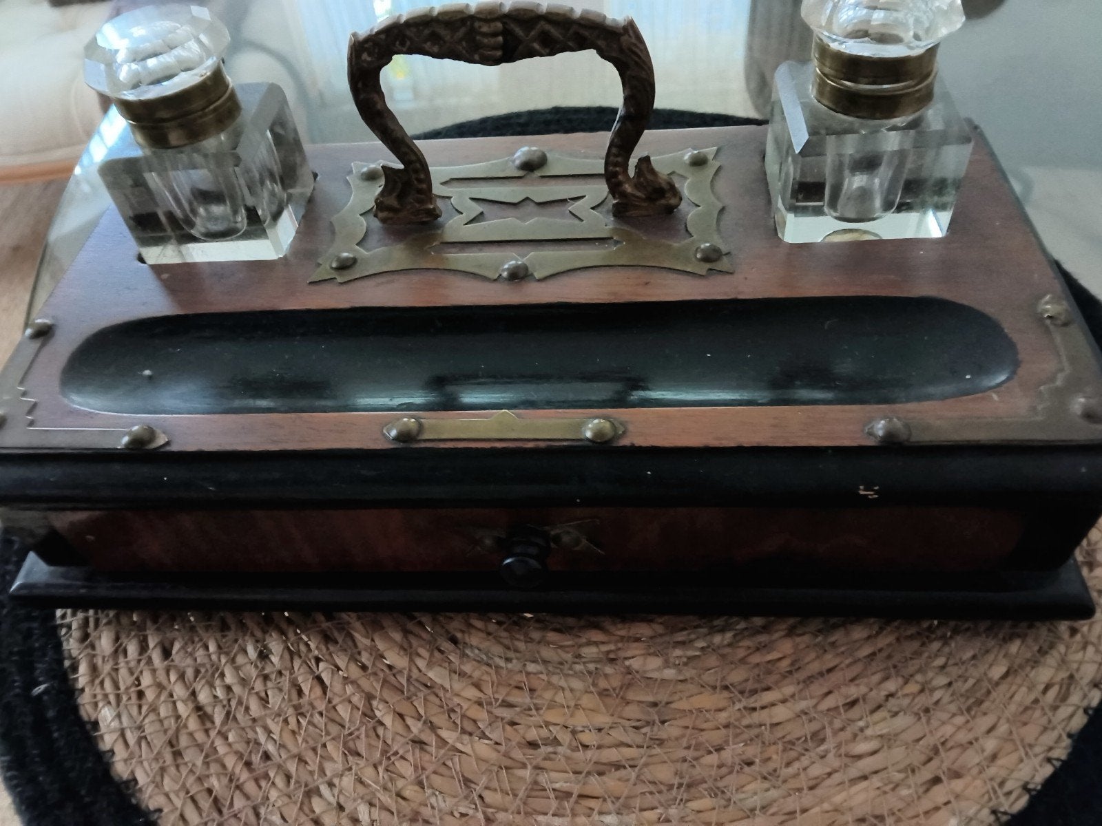 Antiek Engels Houten Inktstel met Koperbeslag (1940-1950), Ophalen of Verzenden