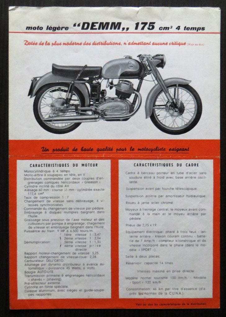 Flyer DEMM 175 cc 4-takt - 1957 - 2 blz (Frans), Verzenden, Overige merken