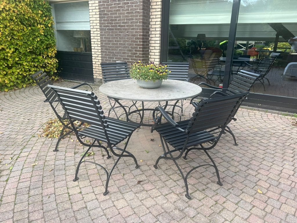 Klassieke tuinset Anton Damen, granieten tafel & 6 stoelen, Ophalen, Gebruikt, Rond, Metaal