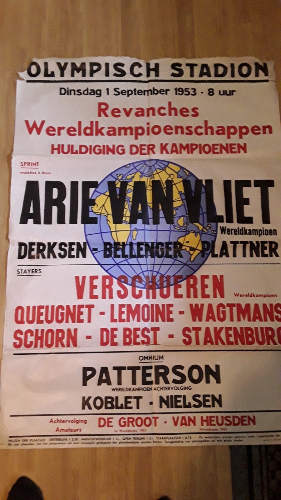Vintage Wielerposter Olympisch Stadion 1953 Arie van Vliet, Verzamelen, Ophalen of Verzenden, Gebruikt, A1 t/m A3, Film en Tv