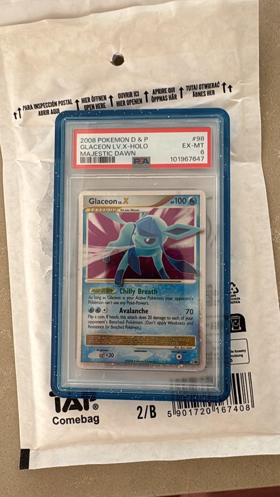 Glaceon LV.X Holo Majestic Dawn PSA 6 Pokémon Kaart, Ophalen, Zo goed als nieuw, Losse kaart, Foil