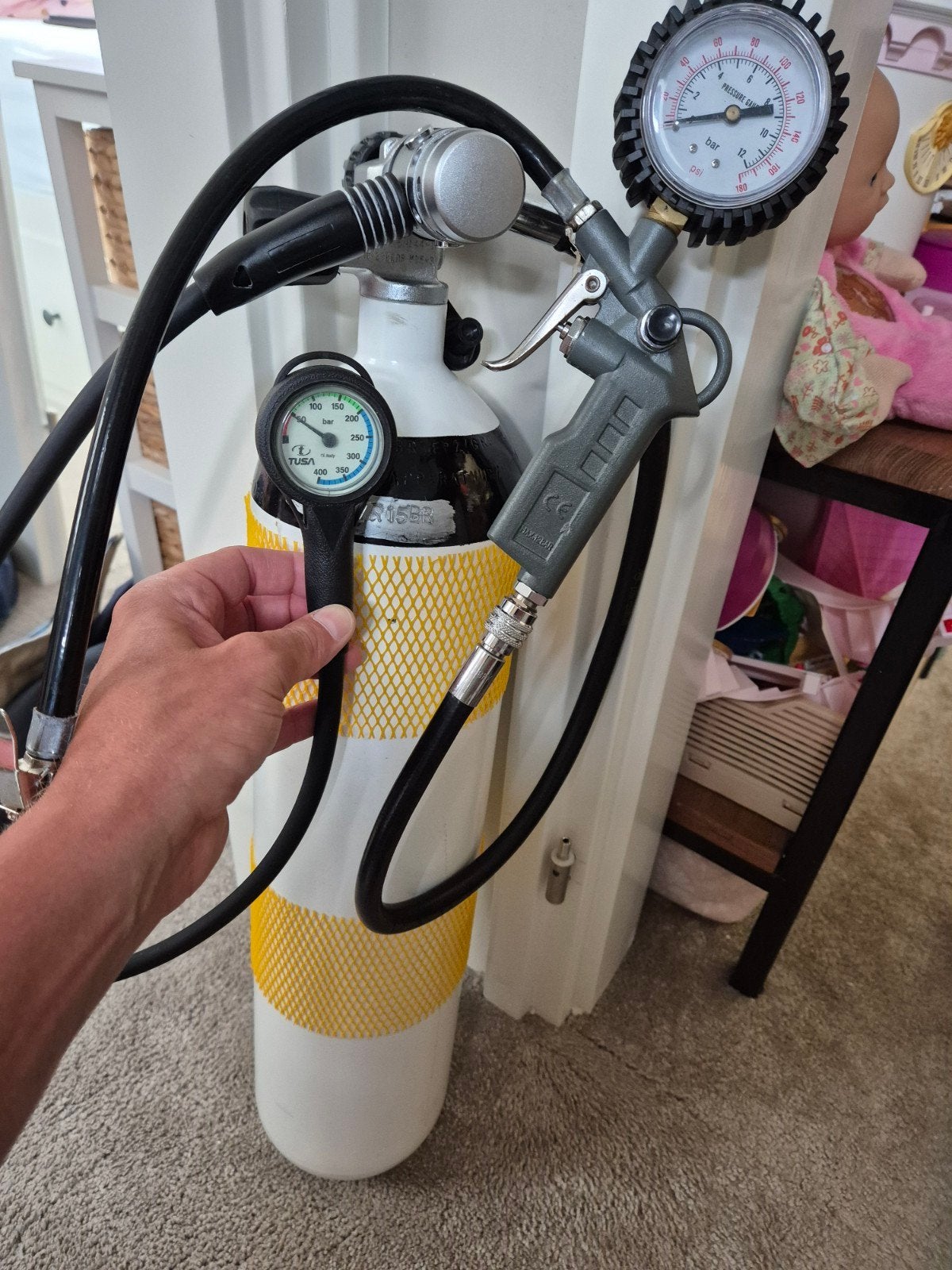 Duikfles met manometer en blaaspistool, Ophalen of Verzenden, Gebruikt, Duikfles