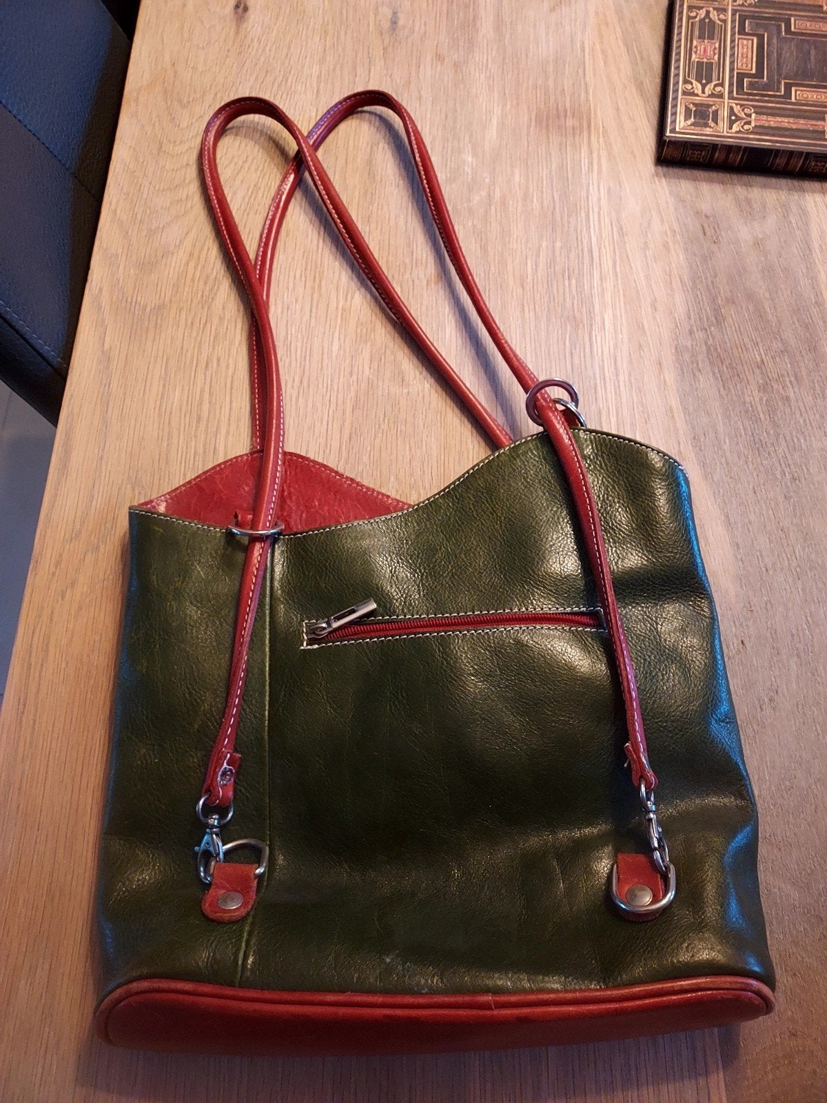 Leren handtas donkergroen met rood, Ophalen, Gebruikt, Groen, Handtas