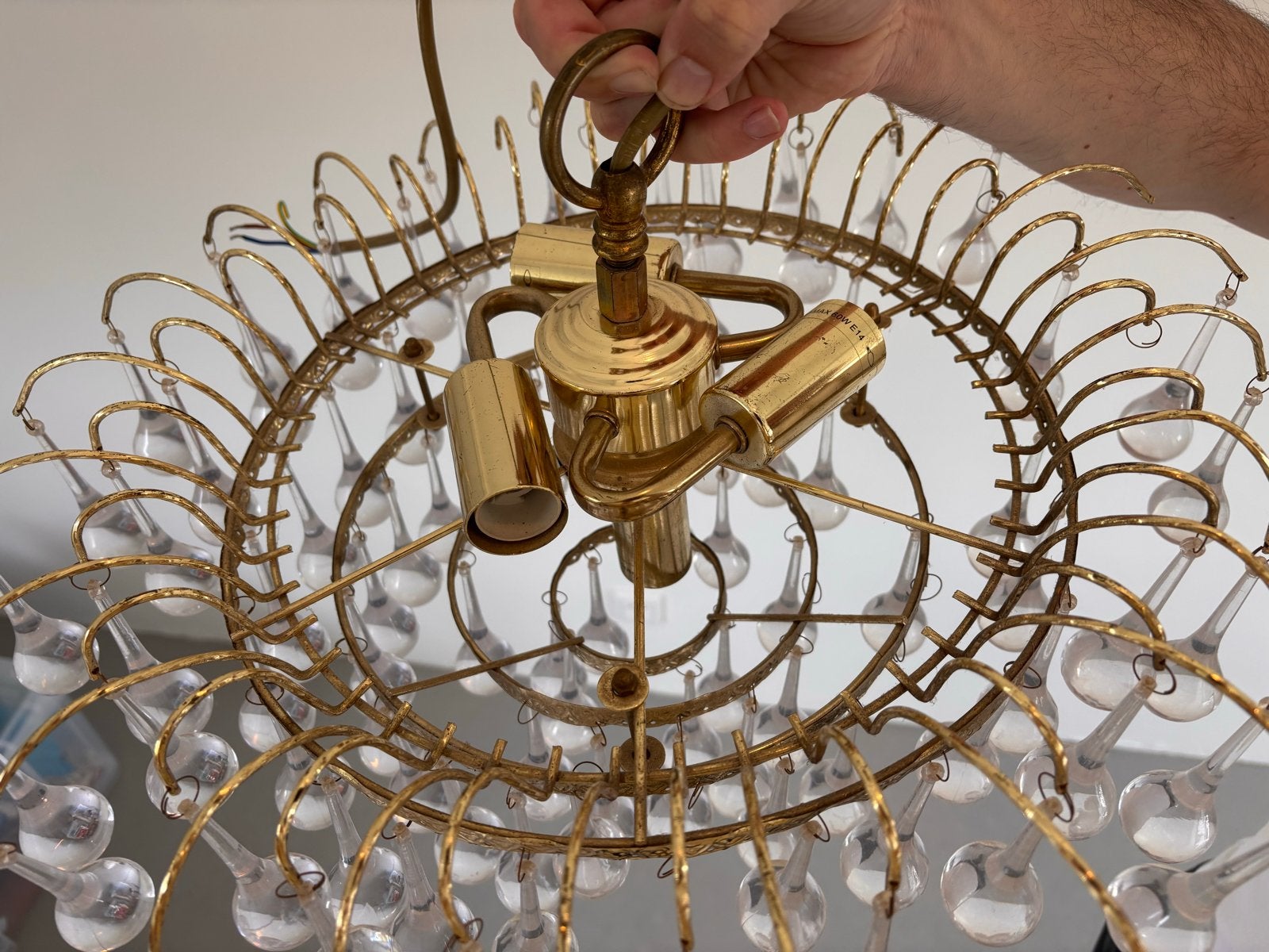 Vintage kroonluchter met druppels, Huis en Inrichting, Lampen | Kroonluchters, Ophalen, Gebruikt